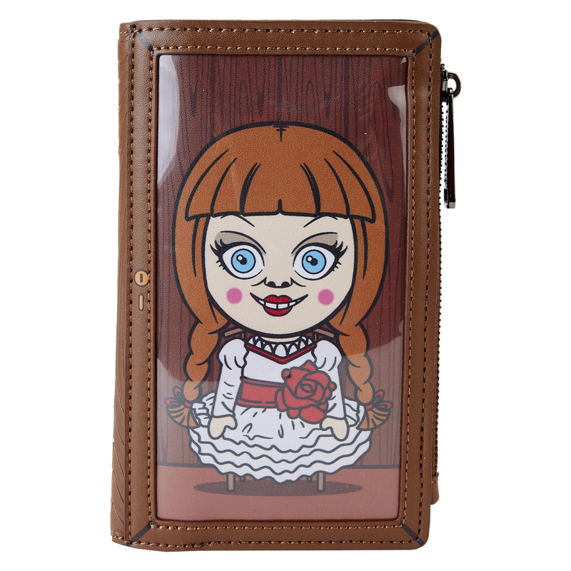Image of our Annabelle Cosplay Wallet, showing Annabelle in a "glass case"